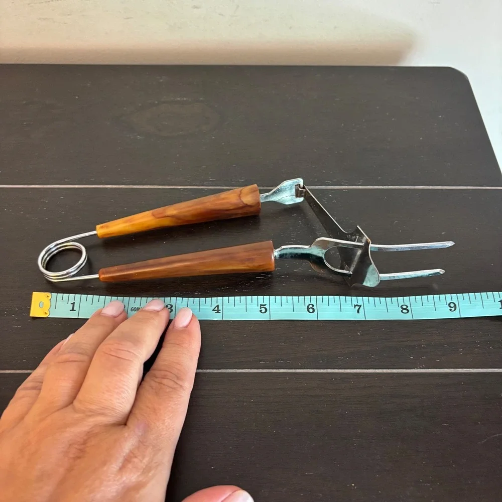 Vintage MCM Spring Action Serving Tongs | Bakelite | Marbled Amber Handles | 9